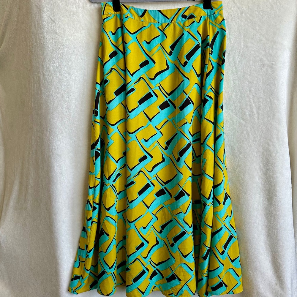 Mix Nouveau New York Teal Chartreuse Geometric Print Maxi Skirt Lined Size Large
